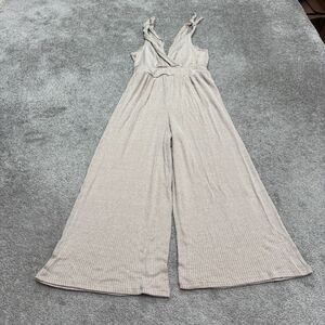 Kennedy Kened IK Ribbed Knit Wide Leg Wrap Jumpsuit Womens Small Beige Tie Strap